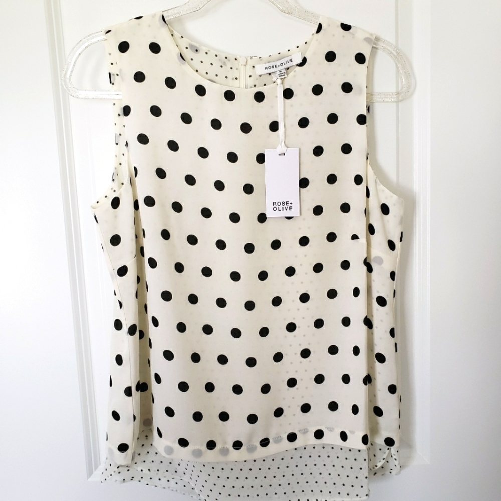 ROSE + OLIVE Sleeveless Black & Cream Polka Dot Layered Blouse—NWT—M - Picture 8 of 12